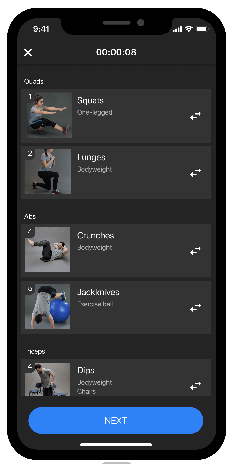 BestFit home fitness app screen, personal workout plan, squats, lunges, crunches, jackknives, dips