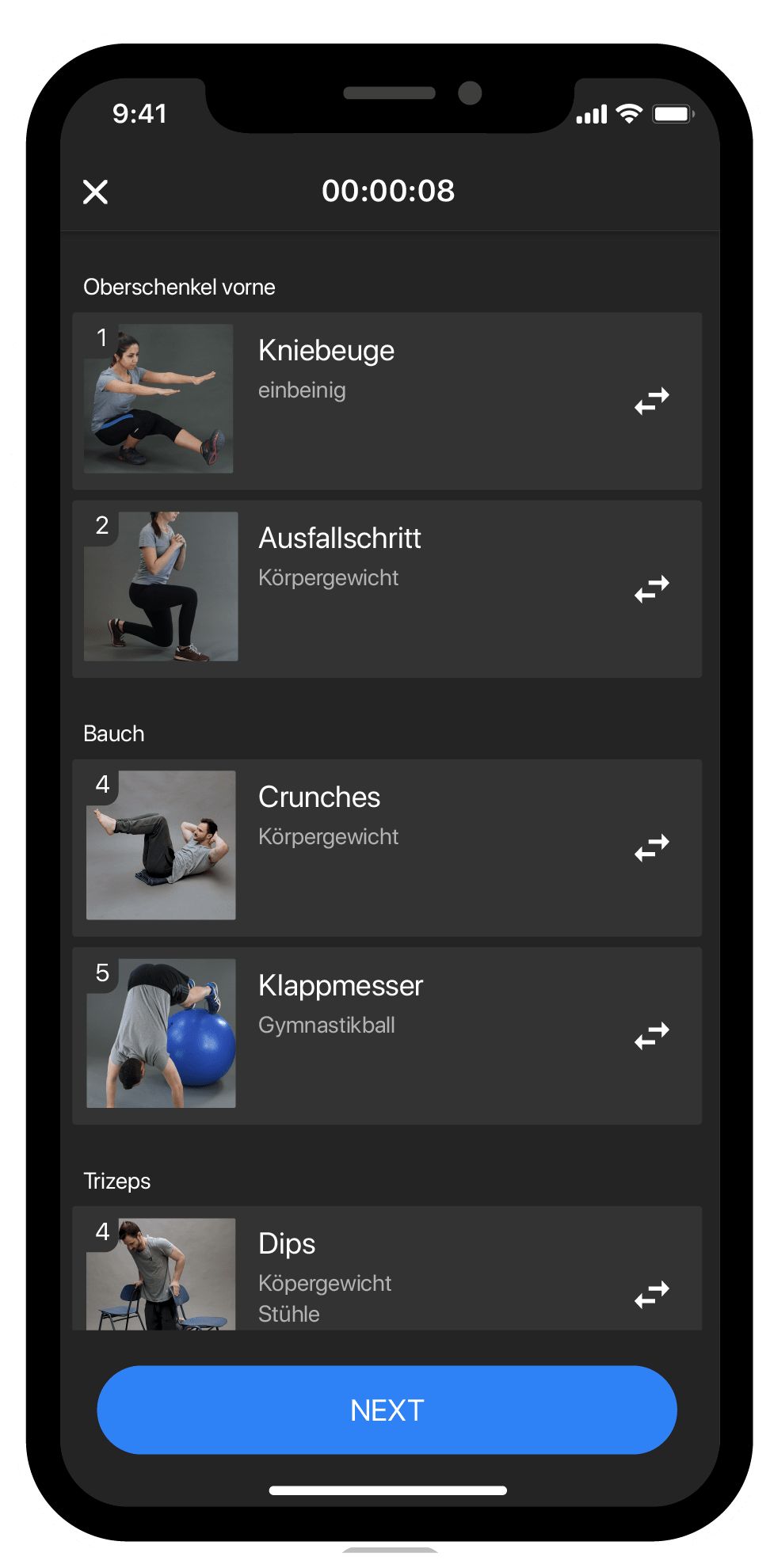 BestFit Home Fitness-App Screen individueller Trainingsplan, Übungen, Kniebeuge, Ausfallschritt, Crunches, Klappmesse, Dips