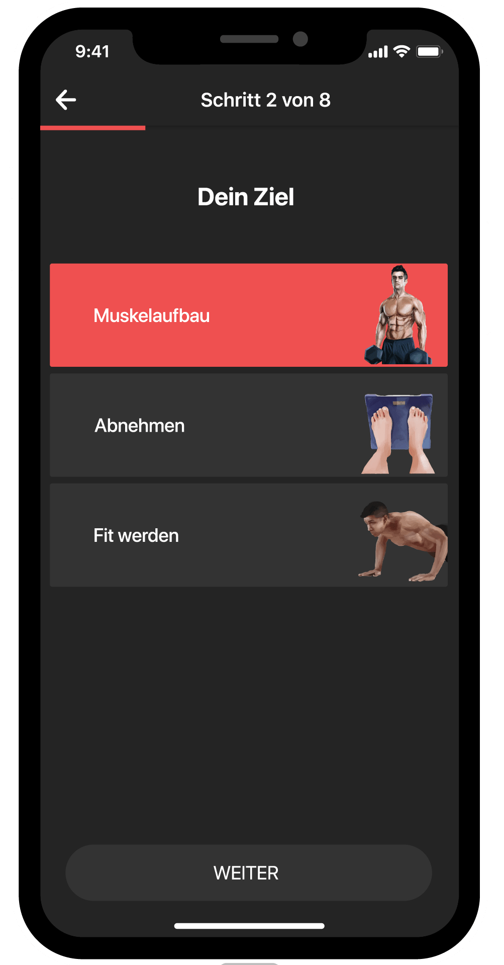 BestFit Fitness-App Screen Ziele auswählen: Muskelaufbau, abnehmen, fit werden