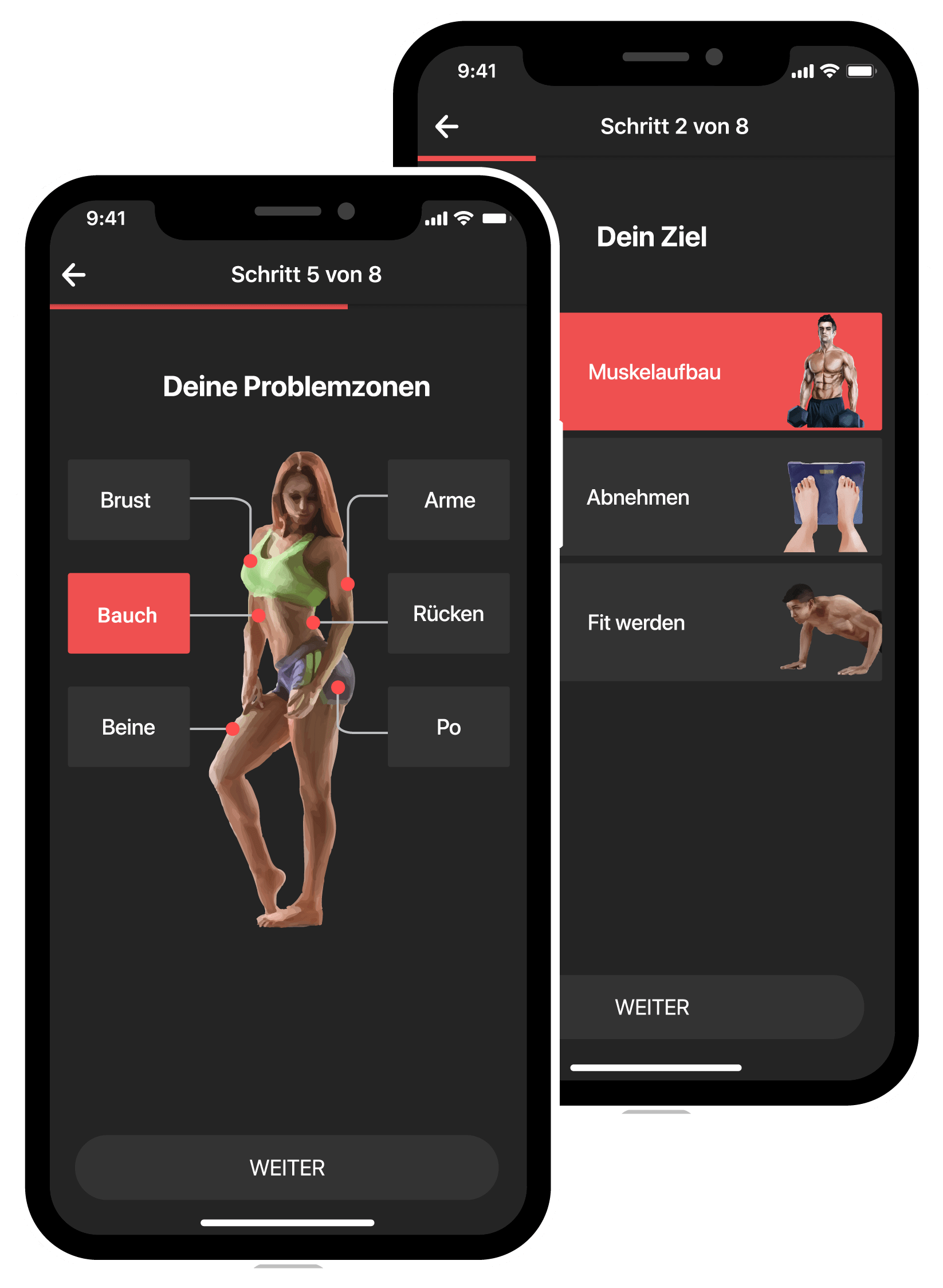 BestFit Fitness-App Ziele, Problemzonen auswählen