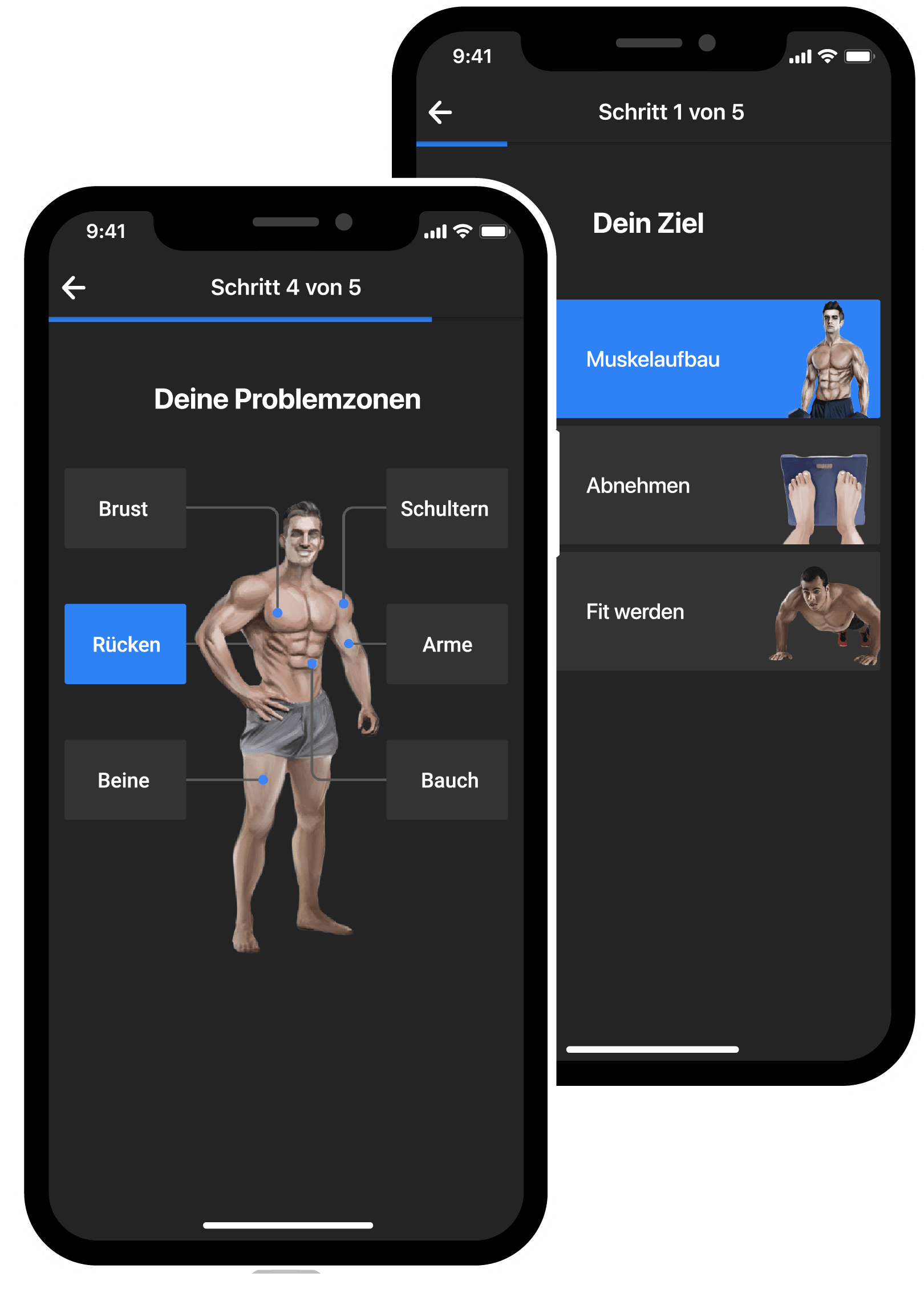 BestFit Home Fitness-App Ziele, Problemzonen auswählen