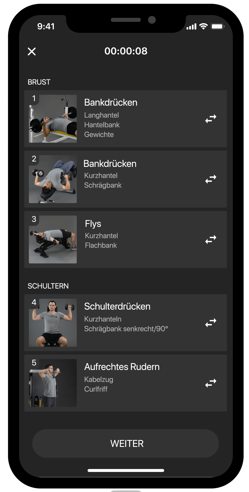 BestFit Fitness-App Screen individueller Trainingsplan, Übungen