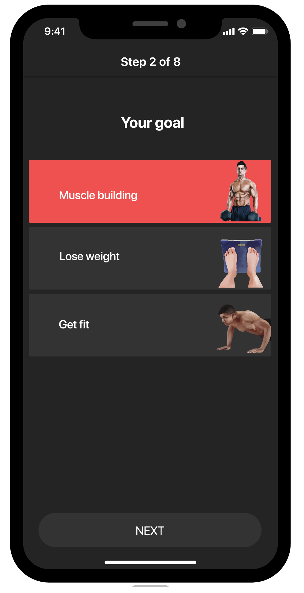 BestFit fitness app screen, select goal, muscle building, lose weight, get fit