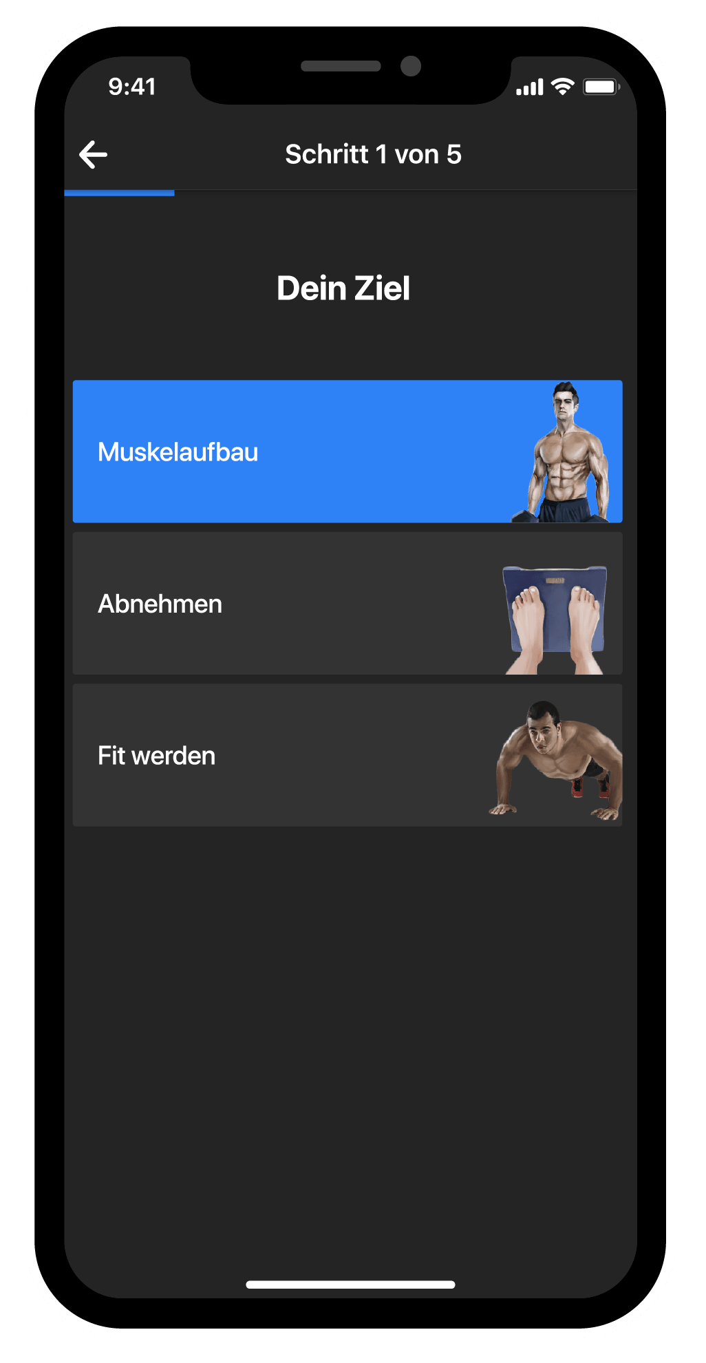 BestFit Home Fitness-App Screen Ziele auswählen, Muskelaufbau, Abnehmen, Fit werden