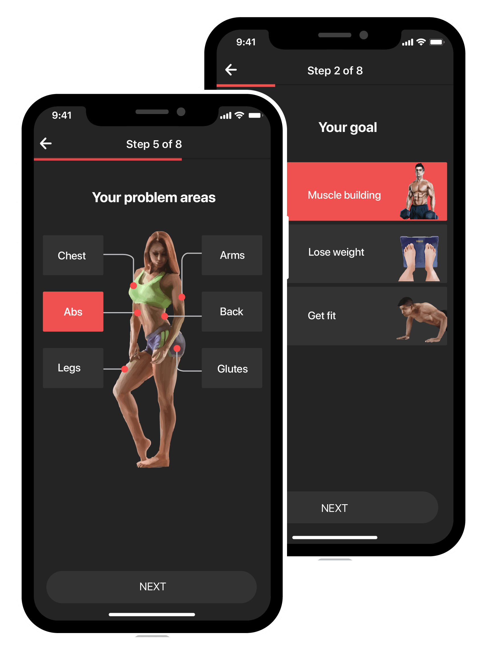 BestFit fitness app select goals, problem areas