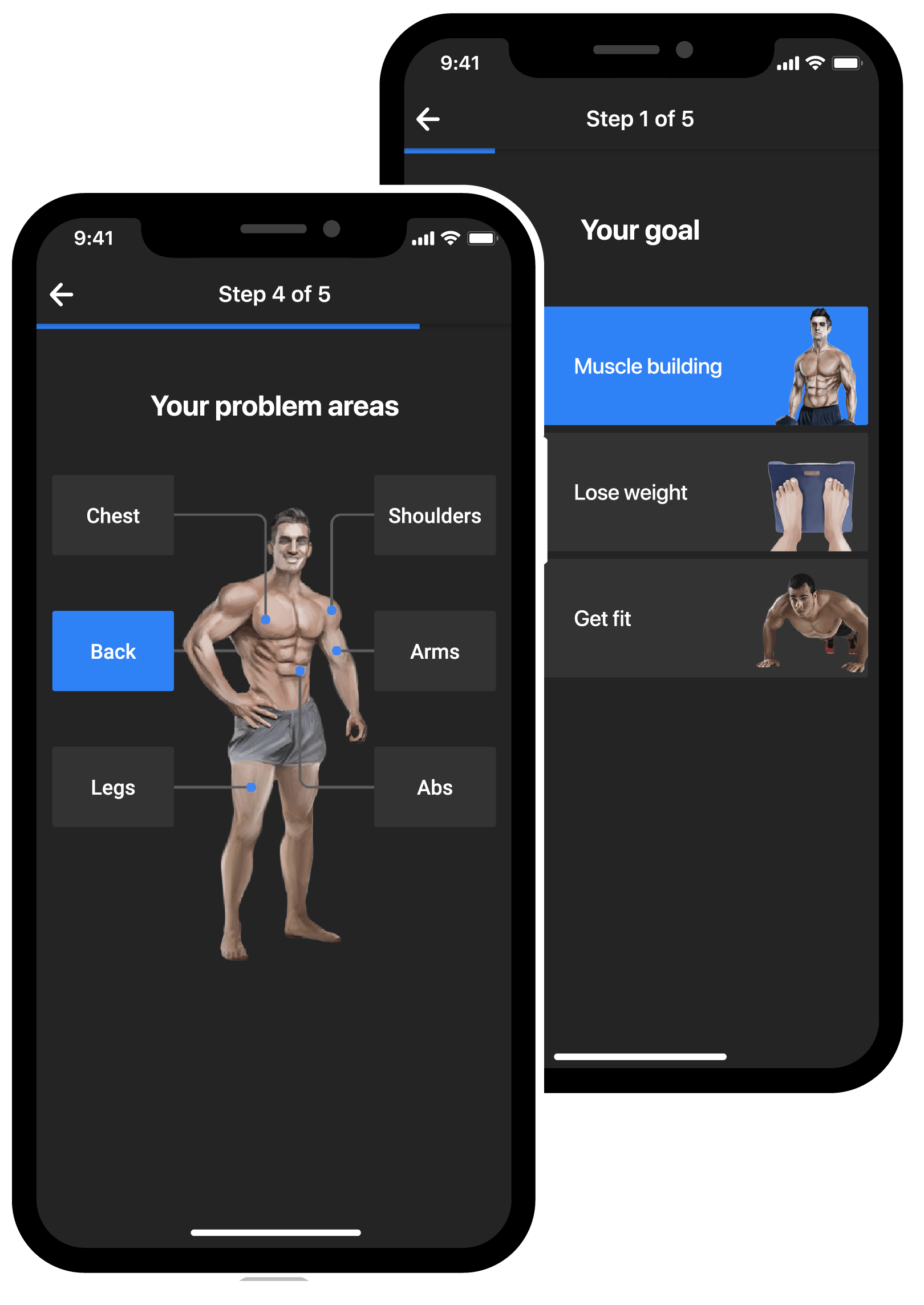 BestFit home fitness app select goals, problem areas
