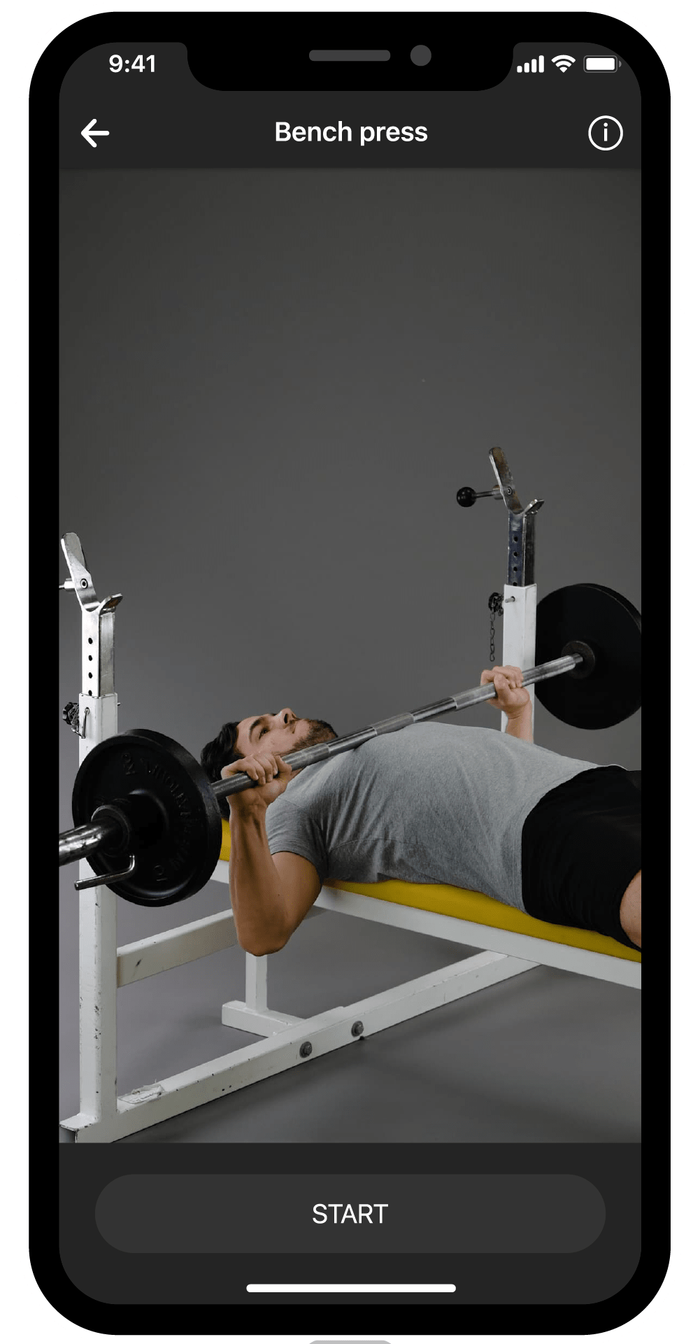 BestFit fitness app screen, explanatory video, bench press