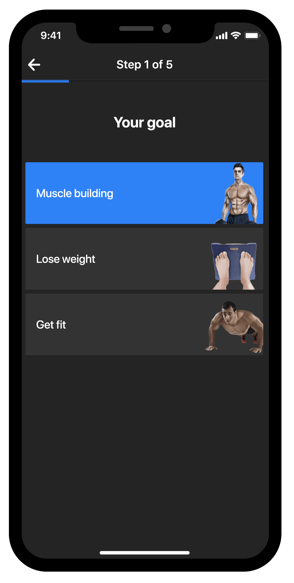 BestFit home fitness app screen, select your goals, muscle building, lose weight, get fit